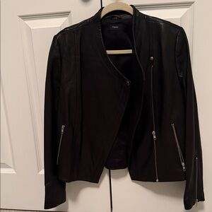 Theory Black Leather Moto Jacket with Zip Details